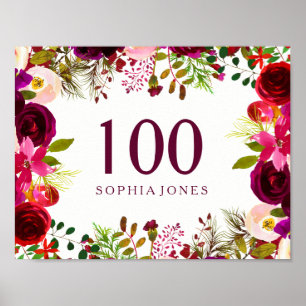 Burgundy Red Floral Boho Sign 100. Geburtstagspart Poster