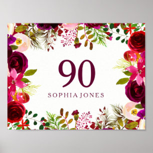 Burgundy Red Floral Boho Sign 90. Geburtstagsparty Poster