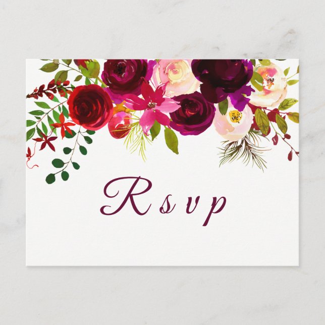 Burgundy Red Floral Boho Wedding RSVP Postkarte (Vorderseite)
