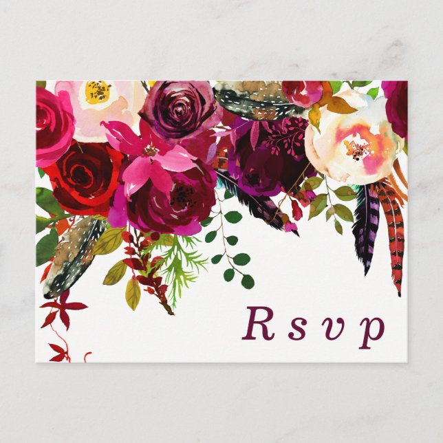 Burgundy Red Floral Boho Wedding RSVP Postkarte (Vorderseite)