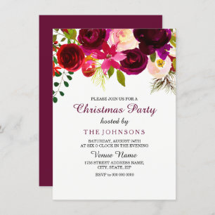 Burgundy Red Floral Boho Weihnachtsfeiertag Party  Einladung