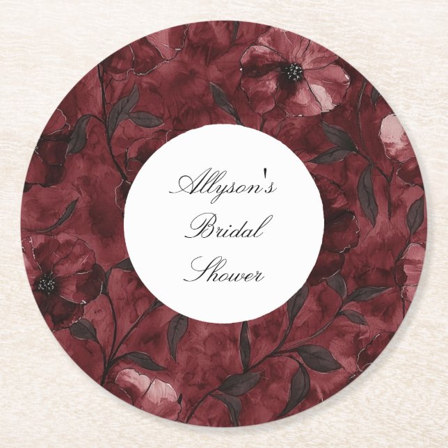 Burgundy Red Floral Brautparty Runder Pappuntersetzer (Vorderseite)