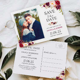 Burgundy Red Floral Chic Save the Date Foto Postkarte
