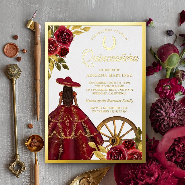 Burgundy Red Floral Dress Charro Quinceanera Gold Folieneinladung (Von Creator hochgeladen)