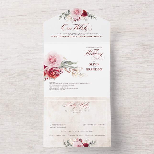 Burgundy Red Floral Elegant Boho Wedding All In One Einladung (Innen Boden)