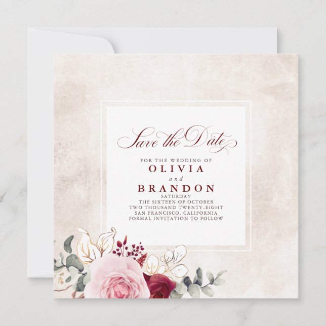 Burgundy Red Floral Elegant Save the Date Ankündigung (Vorderseite)