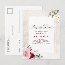 Burgundy Red Floral Elegant Save the Date Ankündigungspostkarte