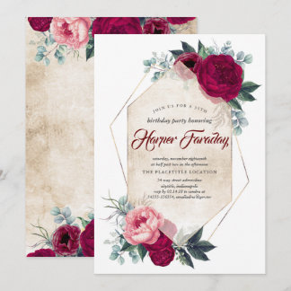 Burgundy Red Floral Geometric Fall Geburtstag Einladung