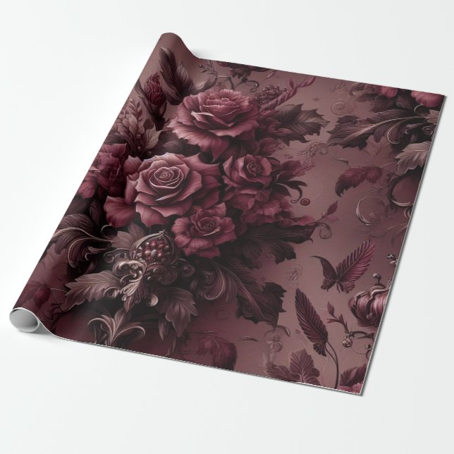 Burgundy Red Floral Geschenkpapier (Ungerollt)