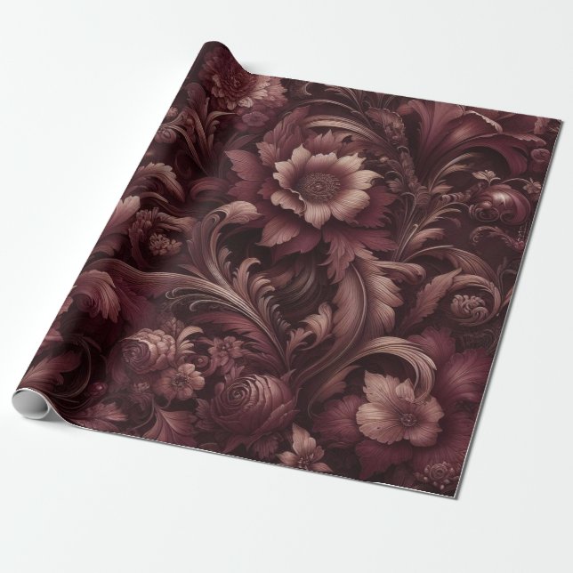 Burgundy Red Floral Geschenkpapier (Ungerollt)