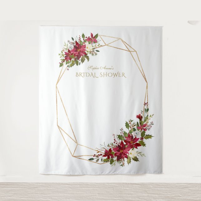 Burgundy Red Floral Gold Brautparty Foto Stand Wandteppich (Vorderseite)