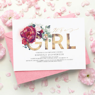 Burgundy Red Floral Gold Glitzer Baby Shower Einladung