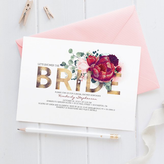 Burgundy Red Floral Gold Glitzer Brautparty Einladung (Floral Bridal Shower Invitation)