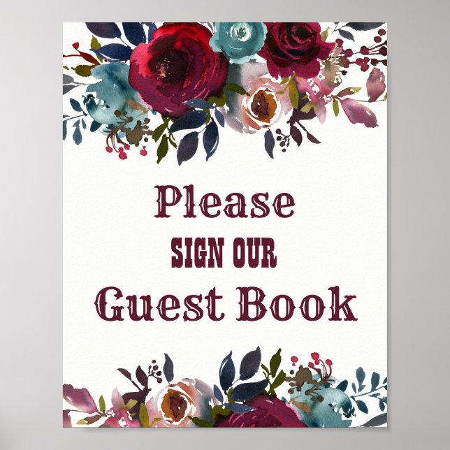 Burgundy Red Floral Guest Book Wedding Poster (Vorne)