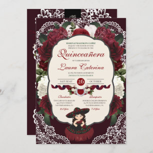 Burgundy Red Floral Lace Charro Quinceanera Einladung