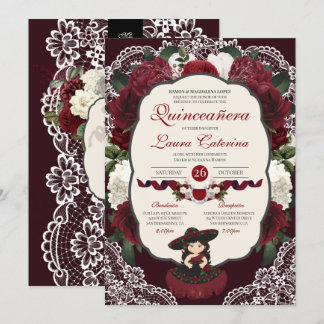 Burgundy Red Floral Lace Charro Quinceanera Einladung