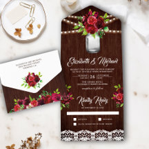 Burgundy Red Floral Mason Jar Rustic Wood Wedding