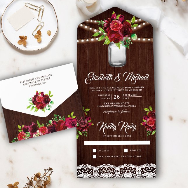 Burgundy Red Floral Mason Jar Rustic Wood Wedding All In One Einladung (Von Creator hochgeladen)