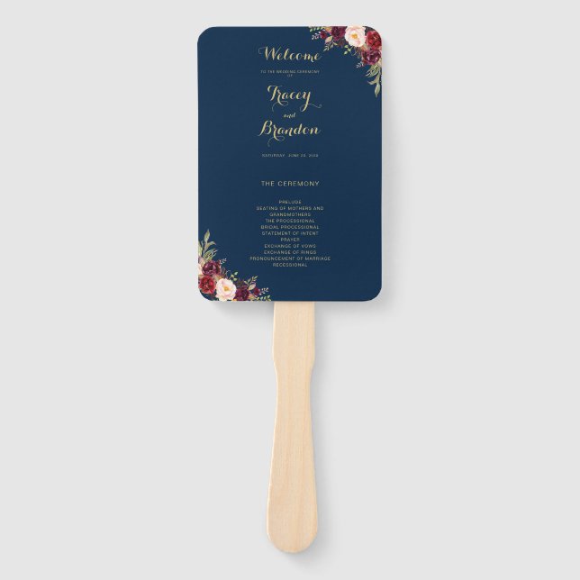 Burgundy Red Floral Navy Blue Gold Script Hochzeit Fächer (Vorderseite)