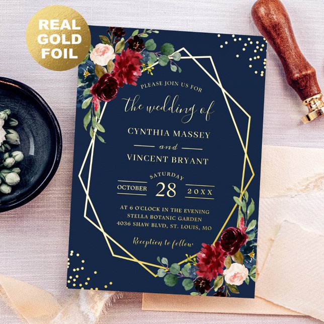 Burgundy Red Floral Navy Blue Premium Gold Hochzei Folieneinladung (Von Creator hochgeladen)