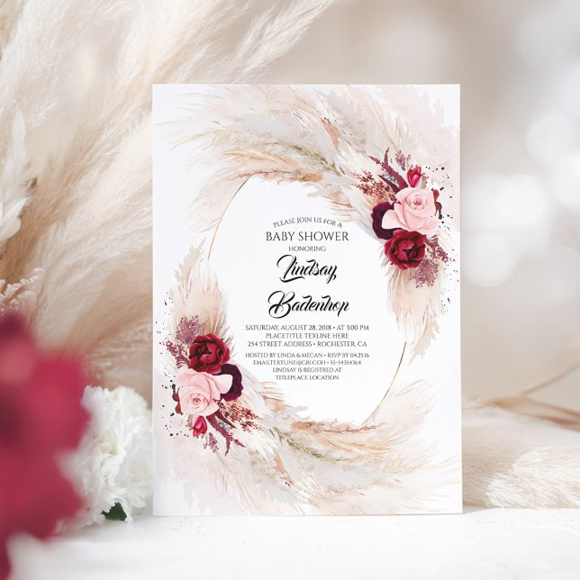 Burgundy Red Floral Pampas Grass Baby Dusche Einladung (Burgundy Red and Pink Flowers Elegant Boho Baby Shower Invitation)