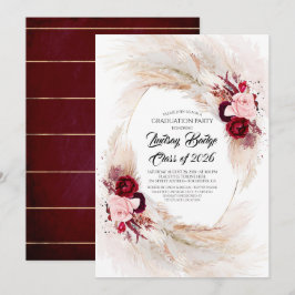 Burgundy Red Floral Pampas Grass Graduation Party Einladung
