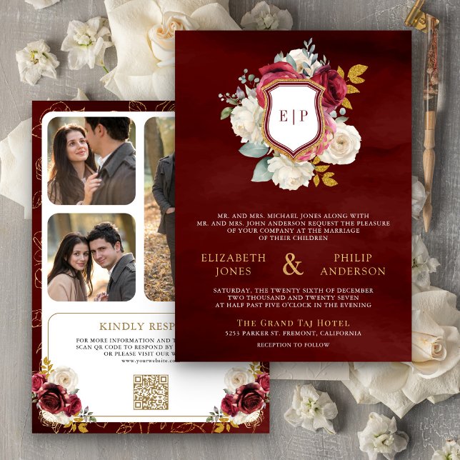 Burgundy Red Floral QR Code Foto Wappen Hochzeit Einladung (Von Creator hochgeladen)