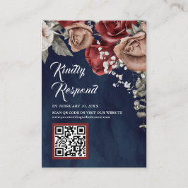 Burgundy Red Floral QR Code RSVP Navy Blue Wedding Begleitkarte
