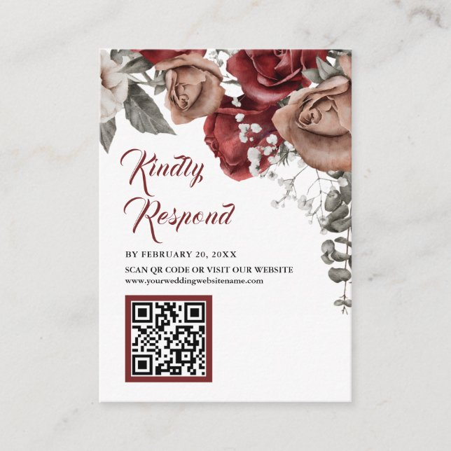 Burgundy Red Floral QR Code RSVP Wedding Website Begleitkarte (Vorderseite)