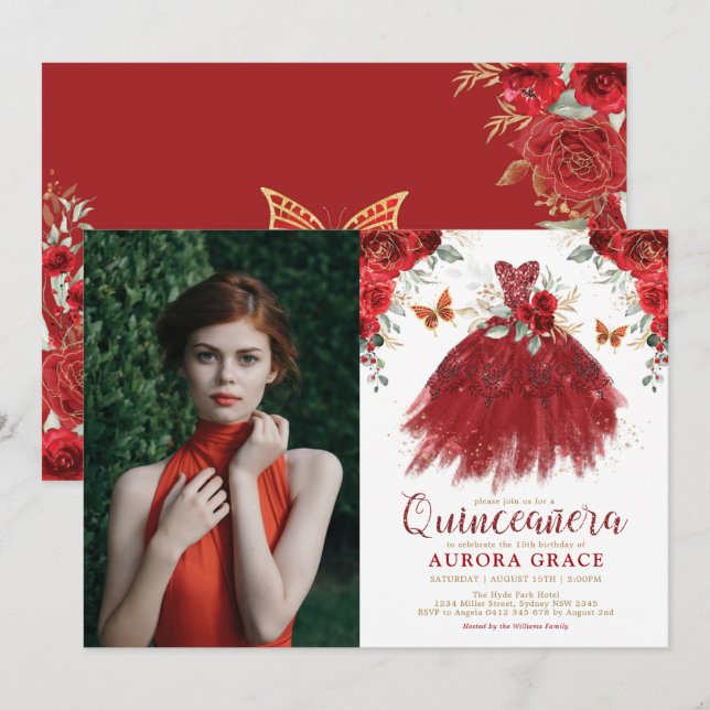 Burgundy Red Floral Quinceñera Princess Foto Einladung (Vorne/Hinten)