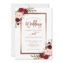 Burgundy Red Floral Rose Gold Script Wedding