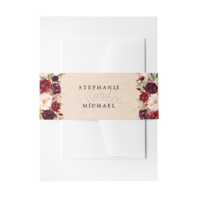 Burgundy Red Floral Rustic Boho Burlap Wedding Einladungsbanderole (Vorderseite Beispiel)