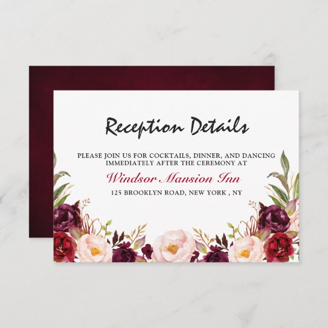 Burgundy Red Floral Rustic Boho Empfang Einladung (Vorne/Hinten)