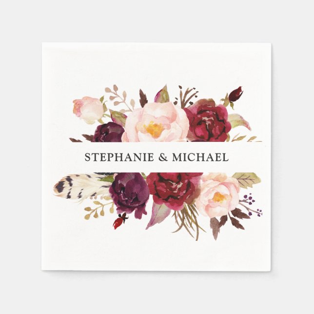 Burgundy Red Floral Rustic Boho Paper Napkin Serviette (Vorderseite)