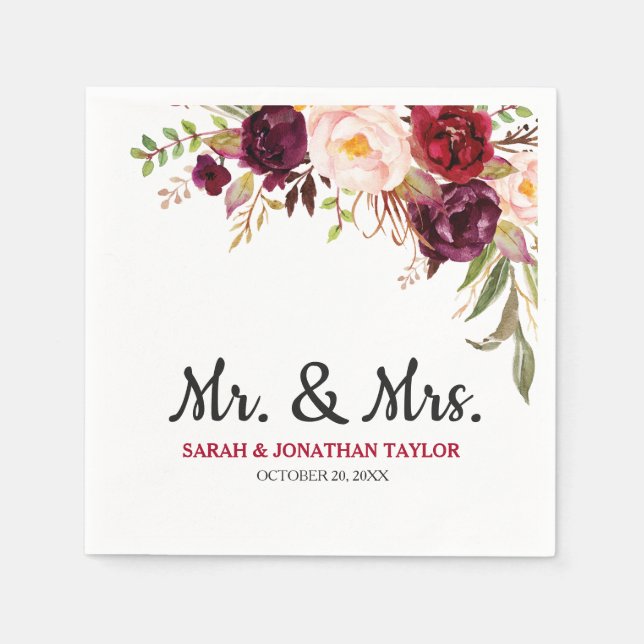 Burgundy Red Floral Rustic Boho Paper Napkin Serviette (Vorderseite)