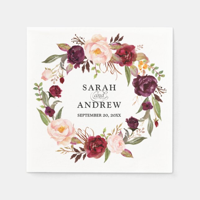 Burgundy Red Floral Rustic Boho Paper Napkin Serviette (Vorderseite)