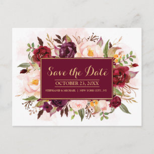 Burgundy Red Floral Rustic Boho Save the Date Ankündigungspostkarte