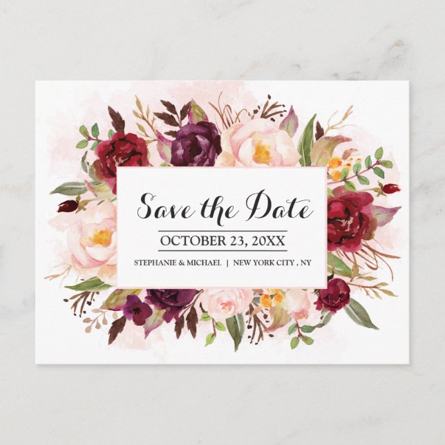 Burgundy Red Floral Rustic Boho Save the Date Ankündigungspostkarte (Vorderseite)