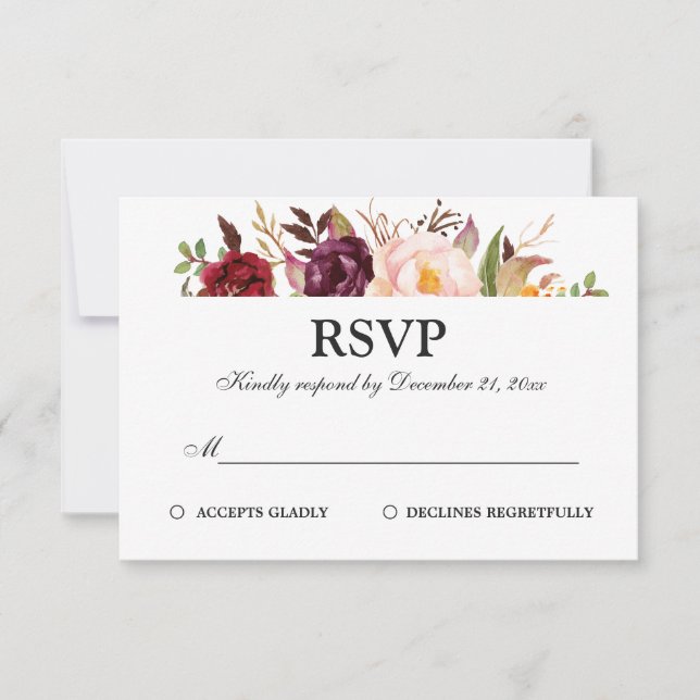 Burgundy Red Floral Rustic Boho UAWG RSVP Karte (Vorderseite)