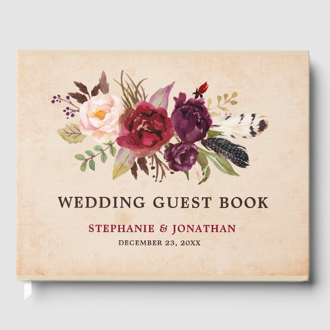Burgundy Red Floral Rustic Boho Wedding Gästebuch (Vorderseite)