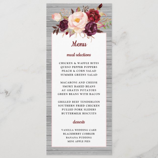 Burgundy Red Floral Rustic Pink Border Wedding Menükarte (Vorderseite)