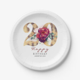 Burgundy Red Floral Typografie 20. Geburtstag Pappteller