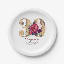 Burgundy Red Floral Typografie 30. Geburtstag Pappteller