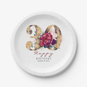 Burgundy Red Floral Typografie 30. Geburtstag Pappteller