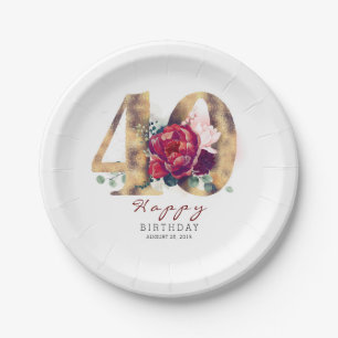 Burgundy Red Floral Typografie 40. Geburtstag Pappteller