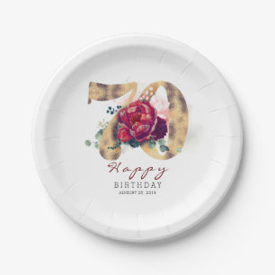 Burgundy Red Floral Typografie 70. Geburtstag Pappteller