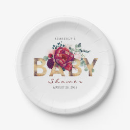 Burgundy Red Floral Typografy Baby Shower Pappteller