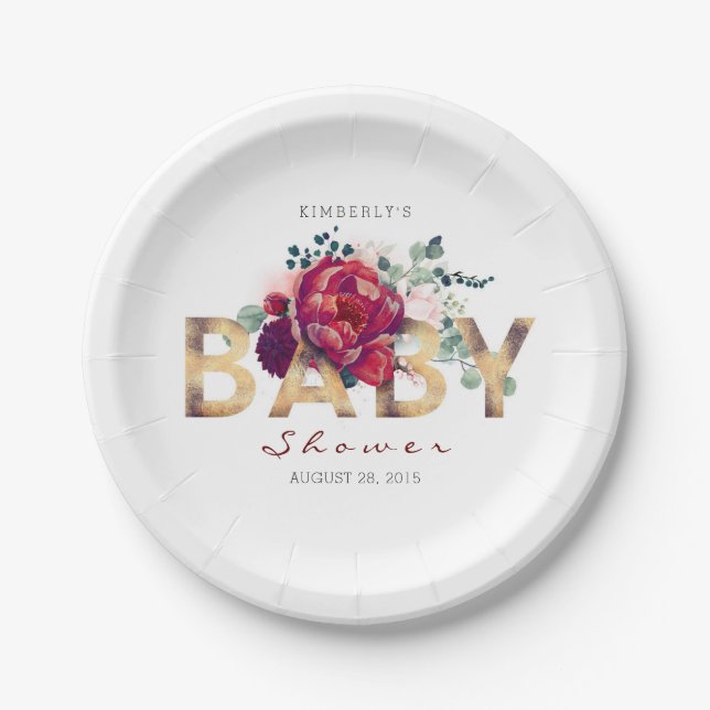Burgundy Red Floral Typografy Baby Shower Pappteller (Vorderseite)