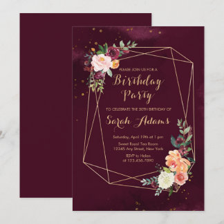 Burgundy Red Floral Watercolor 50. Geburtstag Einladung