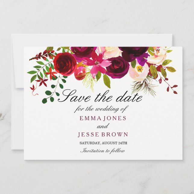 Burgundy Red Floral Wedding Save the Date Card (Vorderseite)
